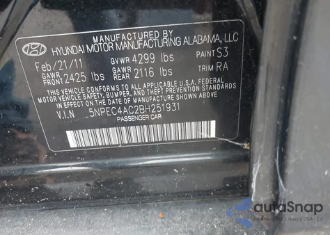 2011 Hyundai Sonata Limited from USA, damaged, VIN 5NPEC4AC2BH251931